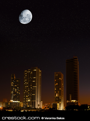 Night in the city - moon showing in the sky ov...